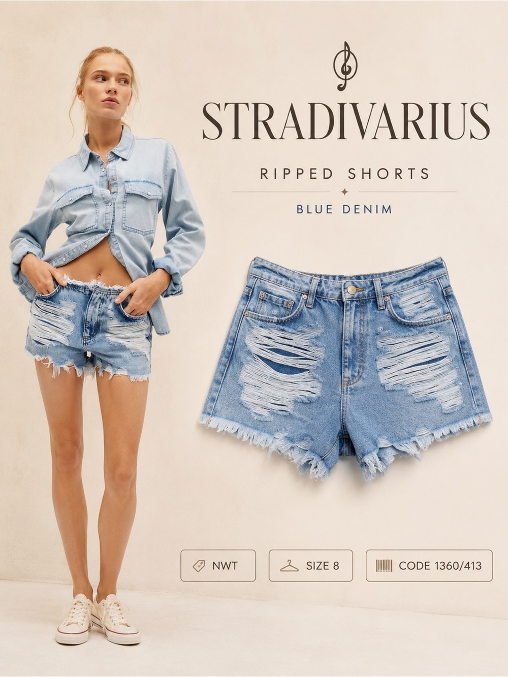 STRADIVARIUS Blue Ripped Denim Shorts NWT Size 8 Distressed Raw Hem